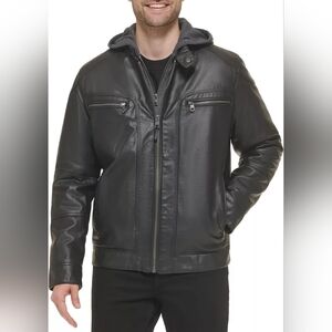 Calvin Klein Men's Faux Lamb Leather Moto Jacket with Removable Hood/Bib Size L